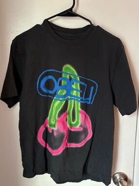OBEY Mens Black Tee with Neon Pink & Green Cherry Graphic